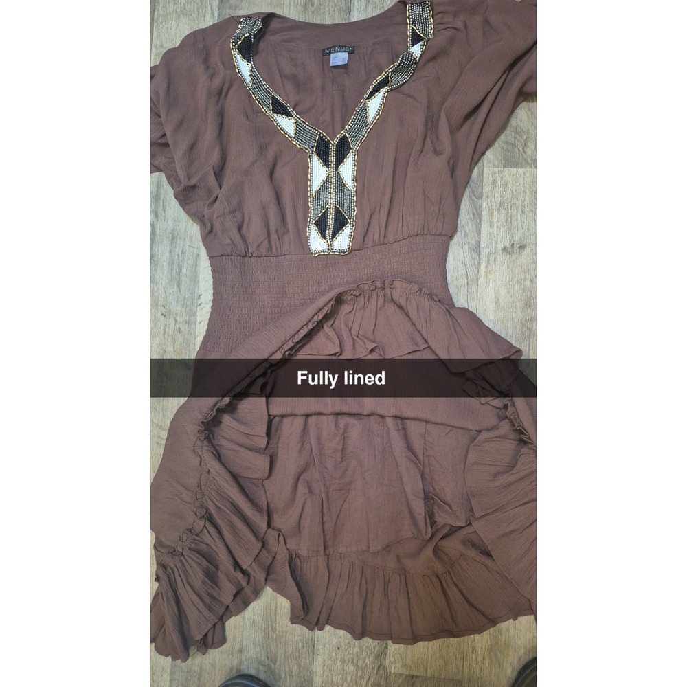 Venus Brown Boho Beaded V-Neck Smocked Waist Ruffle Hem Mini Dress Womens Small - Picture 13 of 15